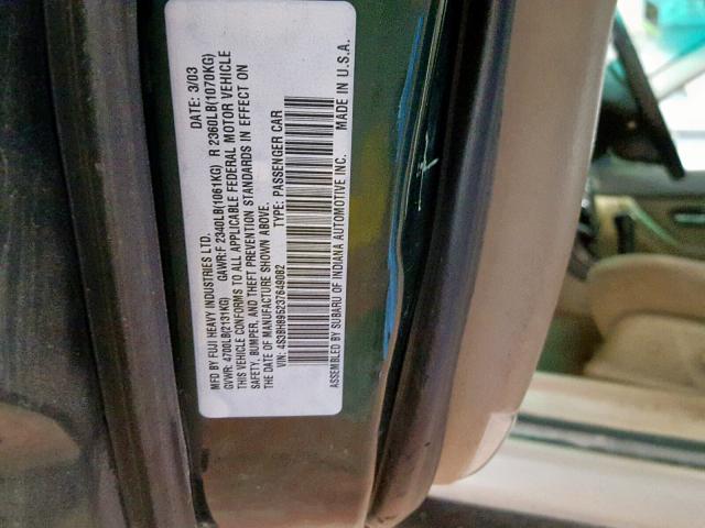 4S3BH895237649082 - 2003 SUBARU LEGACY OUT GREEN photo 10