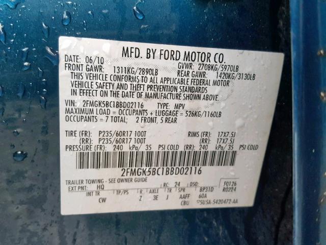 2FMGK5BC1BBD02116 - 2011 FORD FLEX SE BLUE photo 10