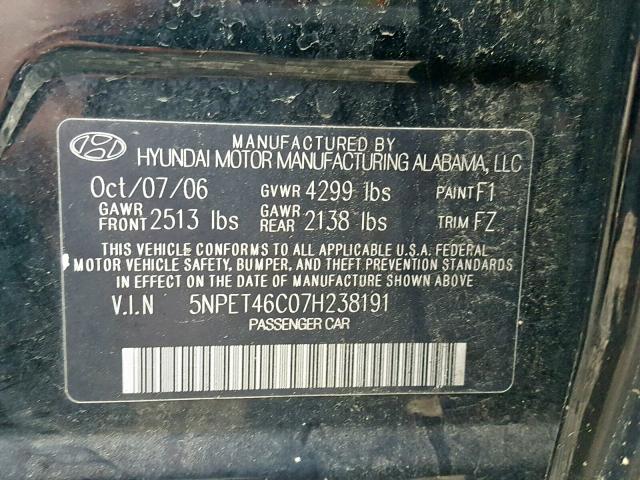 5NPET46C07H238191 - 2007 HYUNDAI SONATA GLS BLACK photo 10