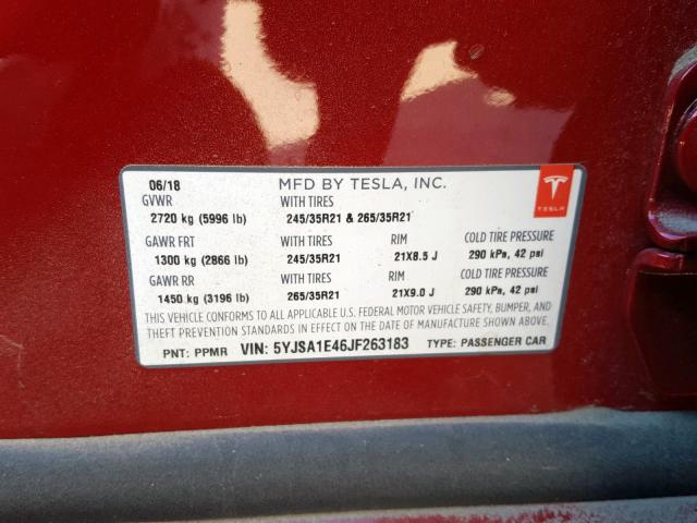 5YJSA1E46JF263183 - 2018 TESLA MODEL S RED photo 10