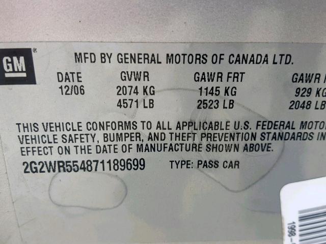 2G2WR554871189699 - 2007 PONTIAC GRAND PRIX GRAY photo 10