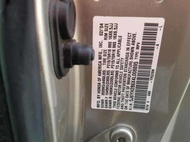 5J6YH286X4L008895 - 2004 HONDA ELEMENT EX GRAY photo 10