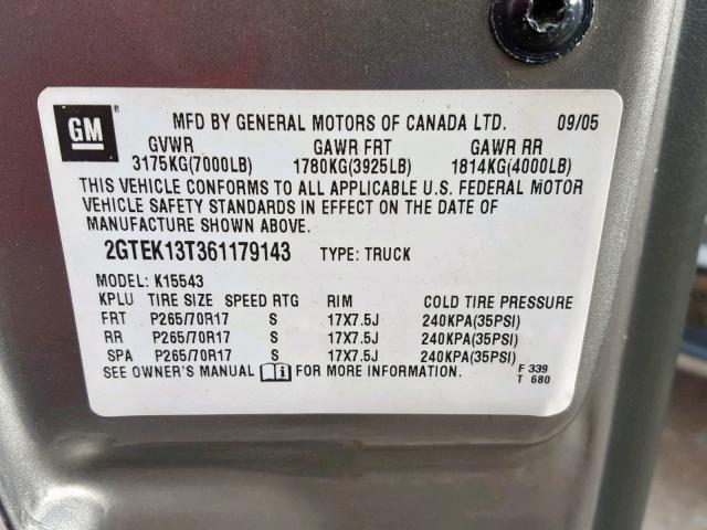 2GTEK13T361179143 - 2006 GMC NEW SIERRA GRAY photo 10