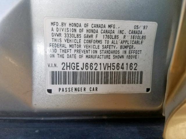 2HGEJ6621VH564162 - 1997 HONDA CIVIC DX SILVER photo 10