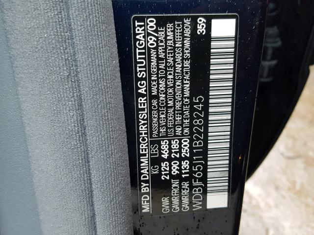 WDBJF65J11B228245 - 2001 MERCEDES-BENZ E 320 BLUE photo 10