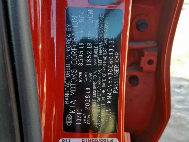 KNADN5A30C6033135 - 2012 KIA RIO EX RED photo 10