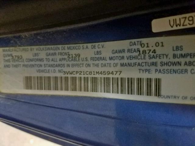 3VWCP21C81M459477 - 2001 VOLKSWAGEN NEW BEETLE 蓝色 照片 10