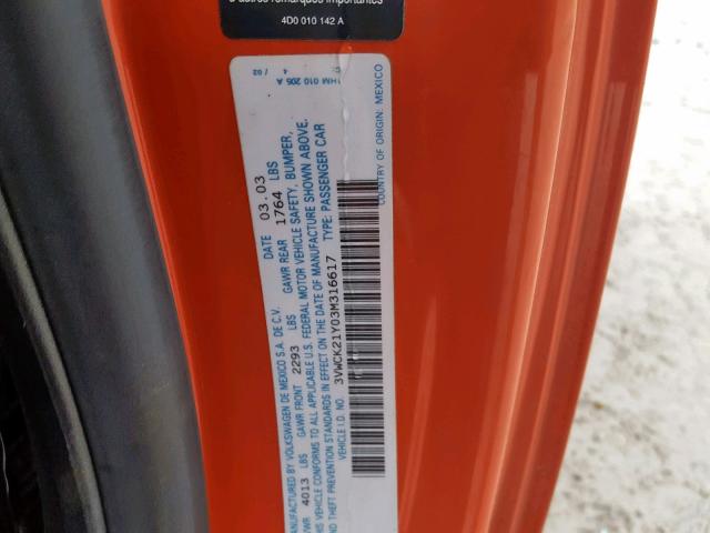 3VWCK21Y03M316617 - 2003 VOLKSWAGEN NEW BEETLE 橙色 照片 10