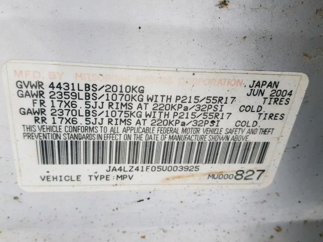 JA4LZ41F05U003925 - 2005 MITSUBISHI OUTLANDER SILVER photo 10