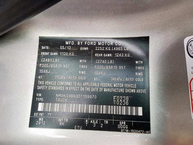 NM0KS9BN3DT159970 - 2013 FORD TRANSIT CO SILVER photo 10