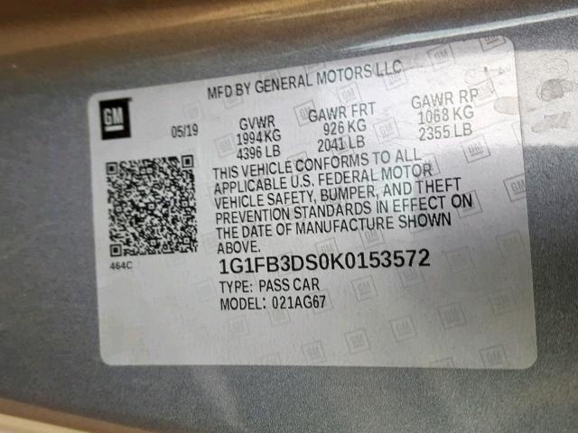 1G1FB3DS0K0153572 - 2019 CHEVROLET CAMARO LS GRAY photo 10