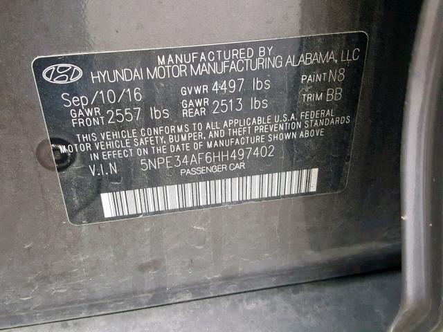 5NPE34AF6HH497402 - 2017 HYUNDAI SONATA SPO CHARCOAL photo 10