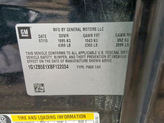 1G1ZB5E1XBF122034 - 2011 CHEVROLET MALIBU LS 黑色 照片 10