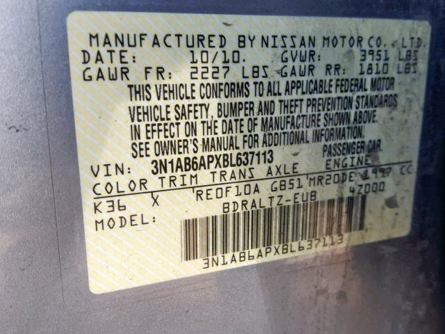 3N1AB6APXBL637113 - 2011 NISSAN SENTRA 2.0 SILVER photo 10