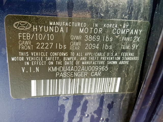 KMHDU4AD2AU009965 - 2010 HYUNDAI ELANTRA BL BLUE photo 10