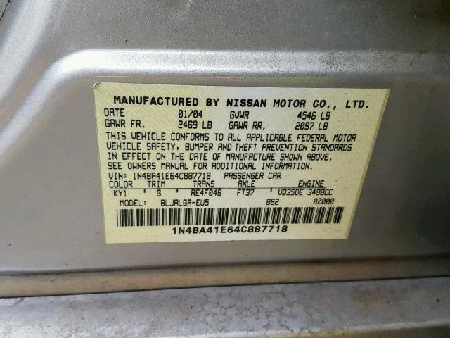 1N4BA41E64C887718 - 2004 NISSAN MAXIMA SE SILVER photo 10