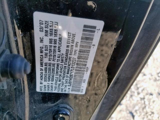 5J6YH28717L013237 - 2007 HONDA ELEMENT EX BLACK photo 10