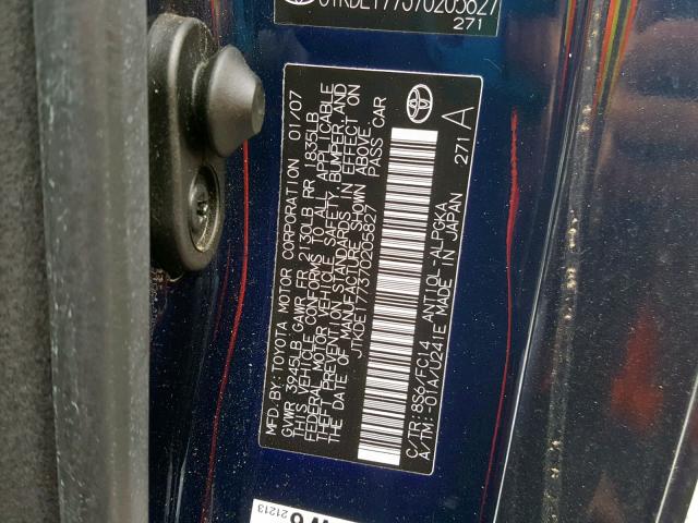 JTKDE177370205827 - 2007 TOYOTA SCION TC ლურჯი ფოტო 10