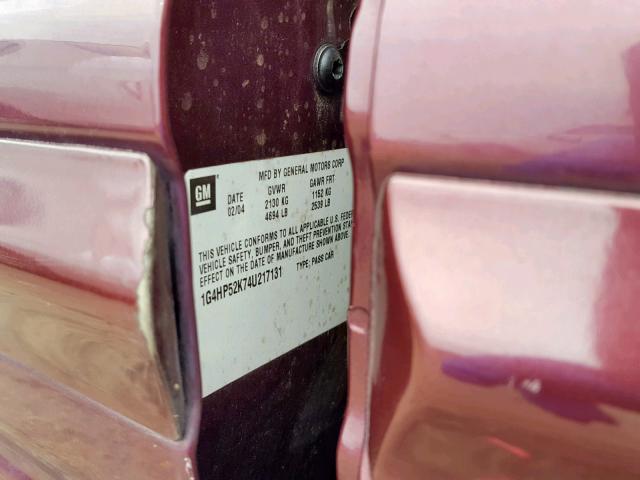 1G4HP52K74U217131 - 2004 BUICK LESABRE CU PURPLE photo 10