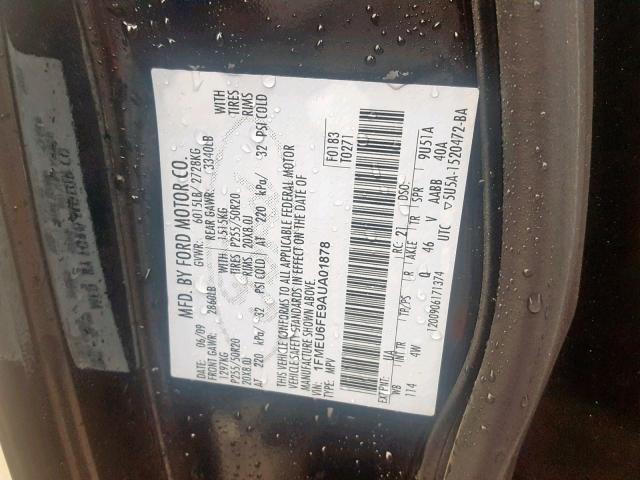 1FMEU6FE9AUA01878 - 2010 FORD EXPLORER L BLACK photo 10