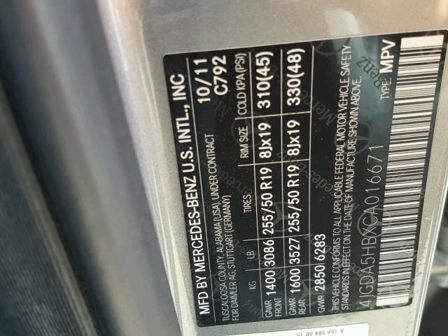 4JGDA5HBXCA016671 - 2012 MERCEDES-BENZ ML 350 4MA GRAY photo 10