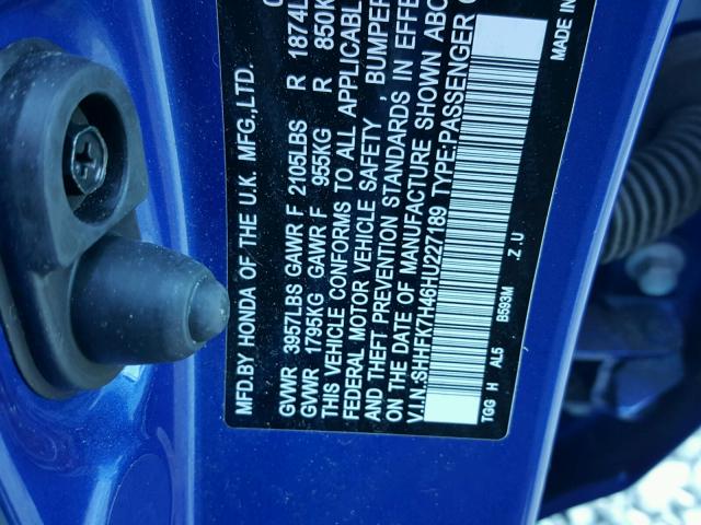 SHHFK7H46HU227189 - 2017 HONDA CIVIC SPOR BLUE photo 10