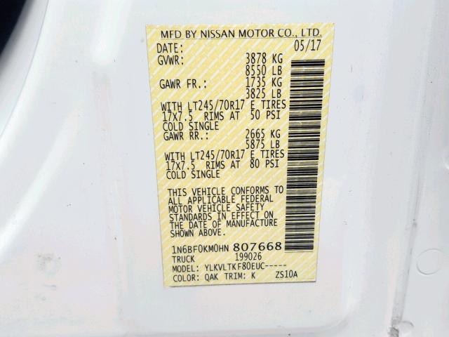 1N6BF0KM0HN807668 - 2017 NISSAN NV 1500 S WHITE photo 10