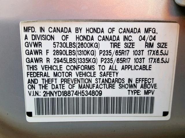 2HNYD18874H534809 - 2004 ACURA MDX TOURIN SILVER photo 10