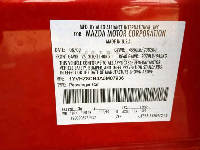 1YVHZ8CB4A5M07936 - 2010 MAZDA 6 S RED photo 10