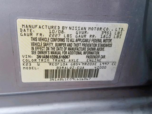 3N1AB61E09L616067 - 2009 NISSAN SENTRA 2.0 SILVER photo 10