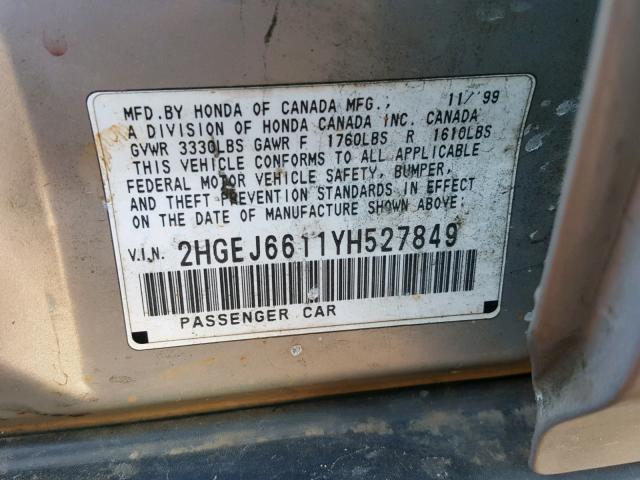 2HGEJ6611YH527849 - 2000 HONDA CIVIC BASE 银色 照片 10