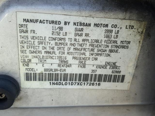 1N4DL01D7XC172616 - 1999 NISSAN ALTIMA XE SILVER photo 10