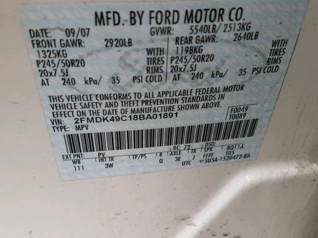 2FMDK49C18BA01891 - 2008 FORD EDGE LIMIT WHITE photo 10