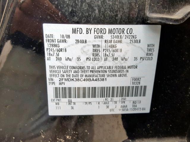 2FMDK38C49BA45381 - 2009 FORD EDGE SEL CHARCOAL photo 10