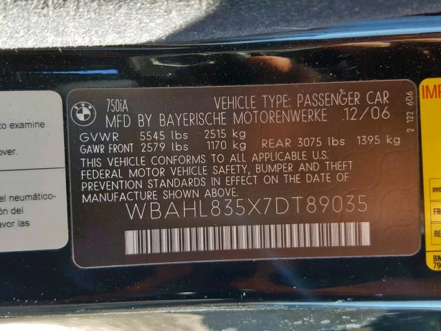 WBAHL835X7DT89035 - 2007 BMW 750 I BLACK photo 10