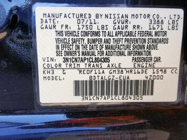 3N1CN7AP1CL804305 - 2012 NISSAN VERSA S BLACK photo 10