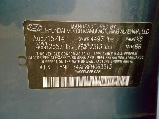 5NPE34AF8FH063513 - 2015 HYUNDAI SONATA SPO BLUE photo 10