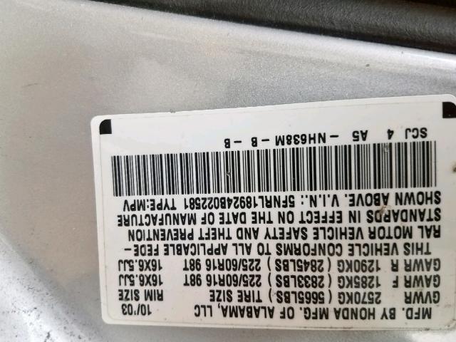 5FNRL18924B022581 - 2004 HONDA ODYSSEY EX SILVER photo 10