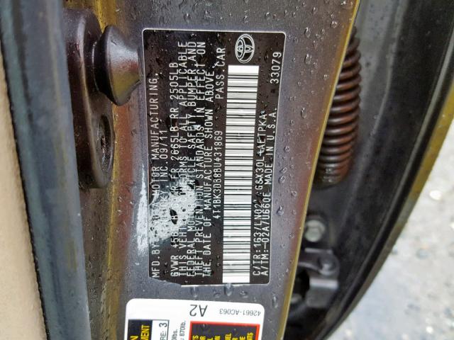 4T1BK3DB8BU431869 - 2011 TOYOTA AVALON BAS GRAY photo 10