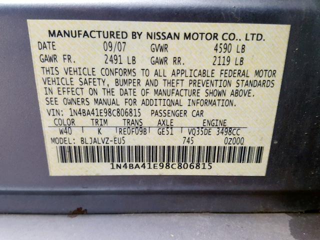 1N4BA41E98C806815 - 2008 NISSAN MAXIMA SE SILVER photo 10