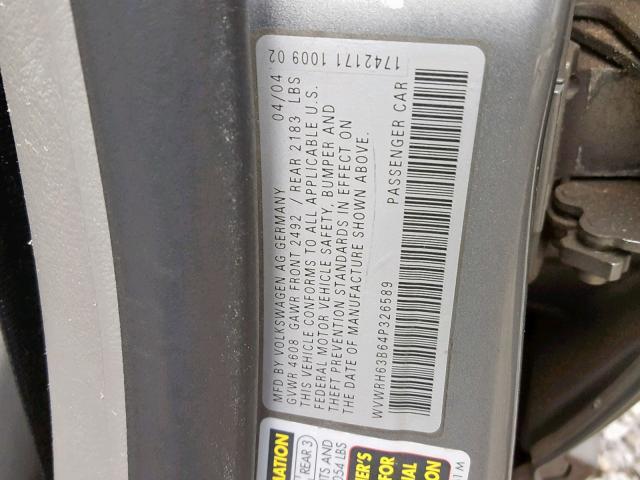 WVWRH63B64P326589 - 2004 VOLKSWAGEN PASSAT GLX 灰色 照片 10