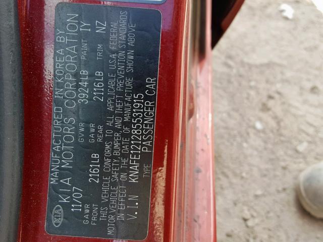 KNAFE121285531915 - 2008 KIA SPECTRA EX RED photo 10