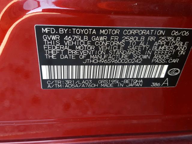 JTHCH96S960020242 - 2006 LEXUS GS GENERAT RED photo 10