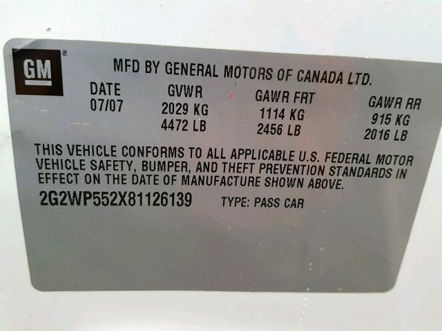 2G2WP552X81126139 - 2008 PONTIAC GRAND PRIX WHITE photo 10