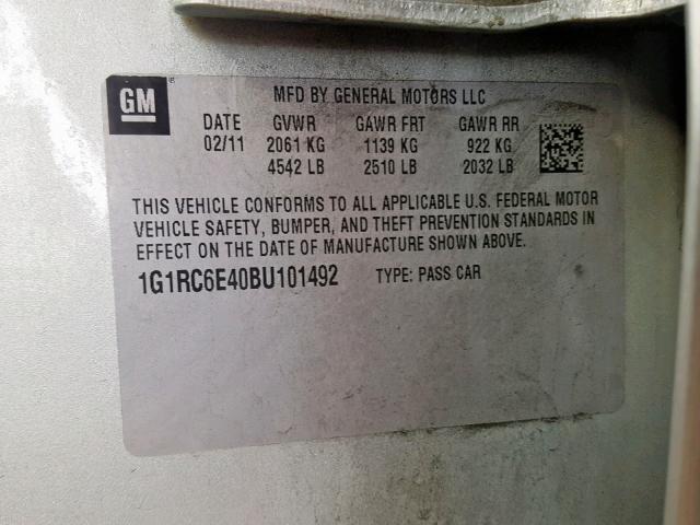 1G1RC6E40BU101492 - 2011 CHEVROLET VOLT SILVER photo 10