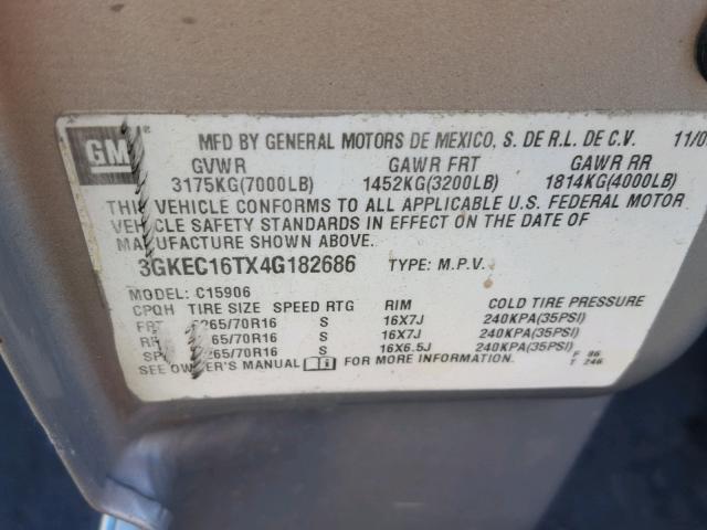 3GKEC16TX4G182686 - 2004 GMC YUKON XL C SILVER photo 10