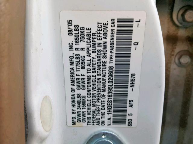 1HGES16395L029608 - 2005 HONDA CIVIC DX V WHITE photo 10