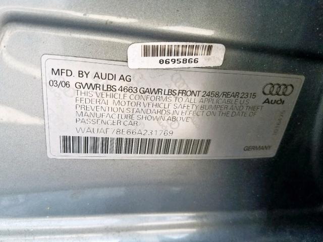 WAUAF78E66A231769 - 2006 AUDI A4 2 TURBO GRAY photo 10