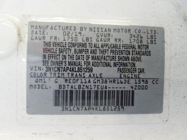 3N1CN7AP4KL851259 - 2019 NISSAN VERSA S WHITE photo 10