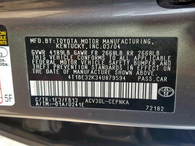 4T1BE32K34U879594 - 2004 TOYOTA CAMRY LE GRAY photo 10